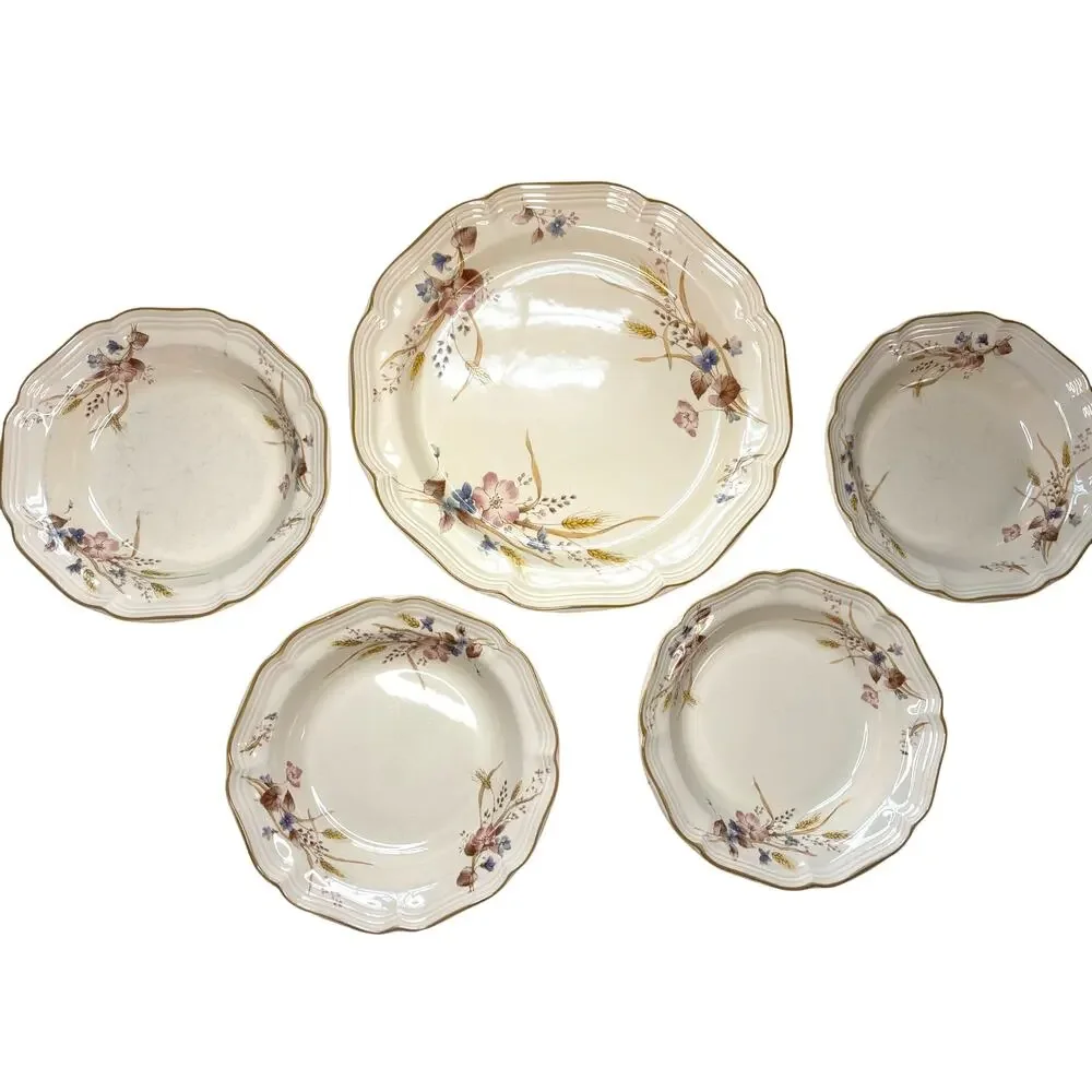 Vintage Mikasa Heritage Golden Sky Serving Platter and 4 Rimmed Soup Bowls